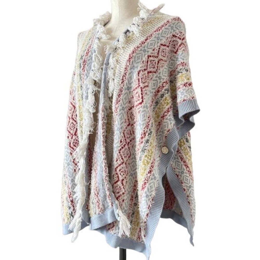 CAbi Poncho Sweater Fringe Colorful Striped Knit Open Front Size XS to Small